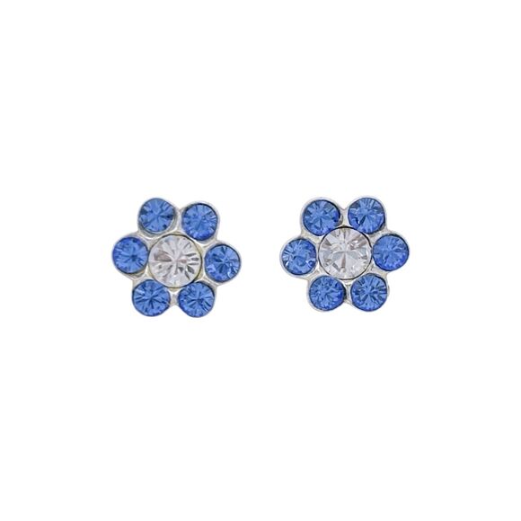 Sterling Silver 925 7.2mm Blue & Clear Cubic Zirconia Flower Stud Earrings - Picture 2 of 7